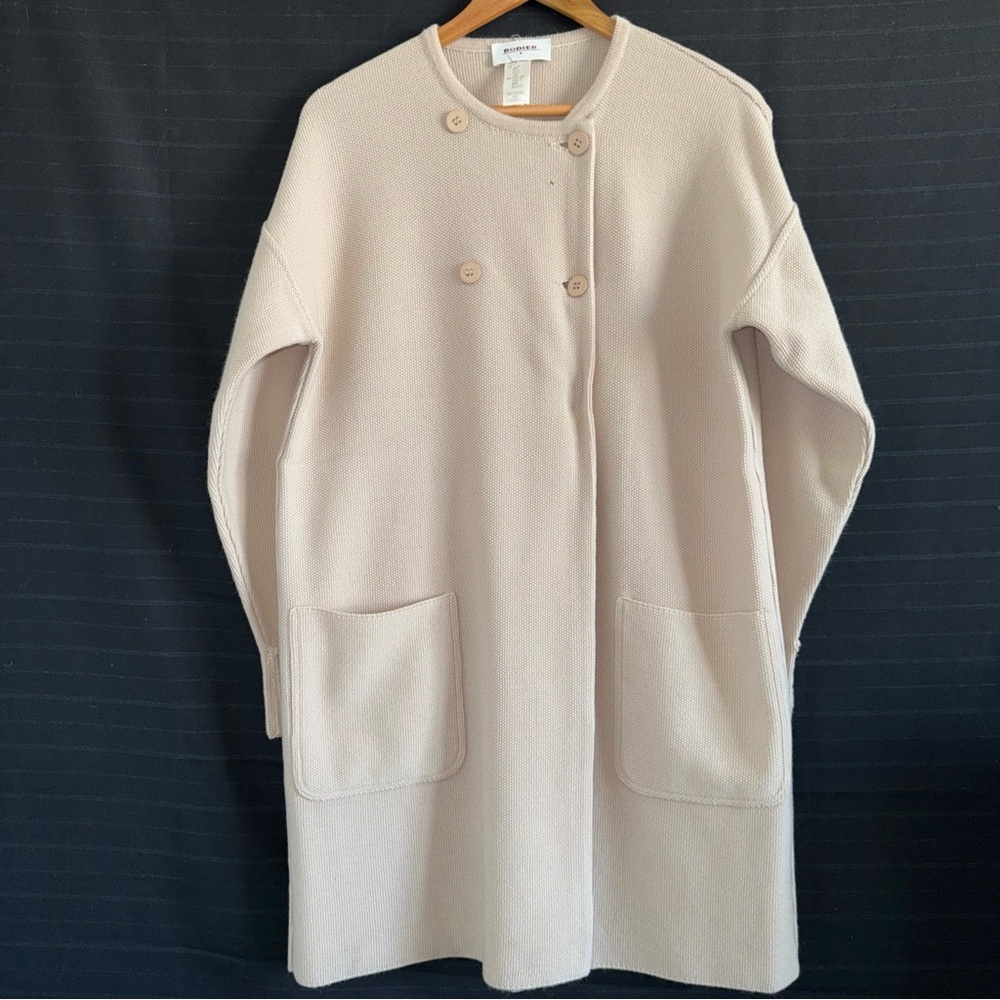 Vintage Rodier M Tan Long Sleeve Long Cardigan Sweater Jacket Wool Blend France